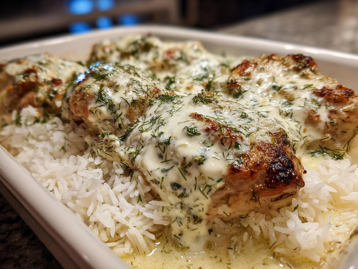 Dump and Bake Chicken Tzatziki with Rice
