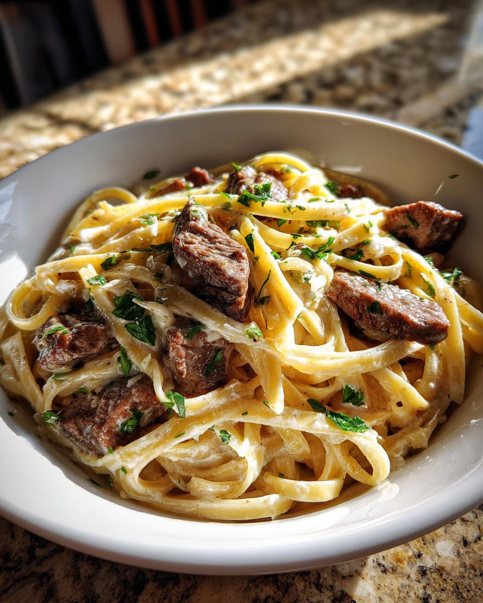 creamy beef and garlic butter pasta - detail 1