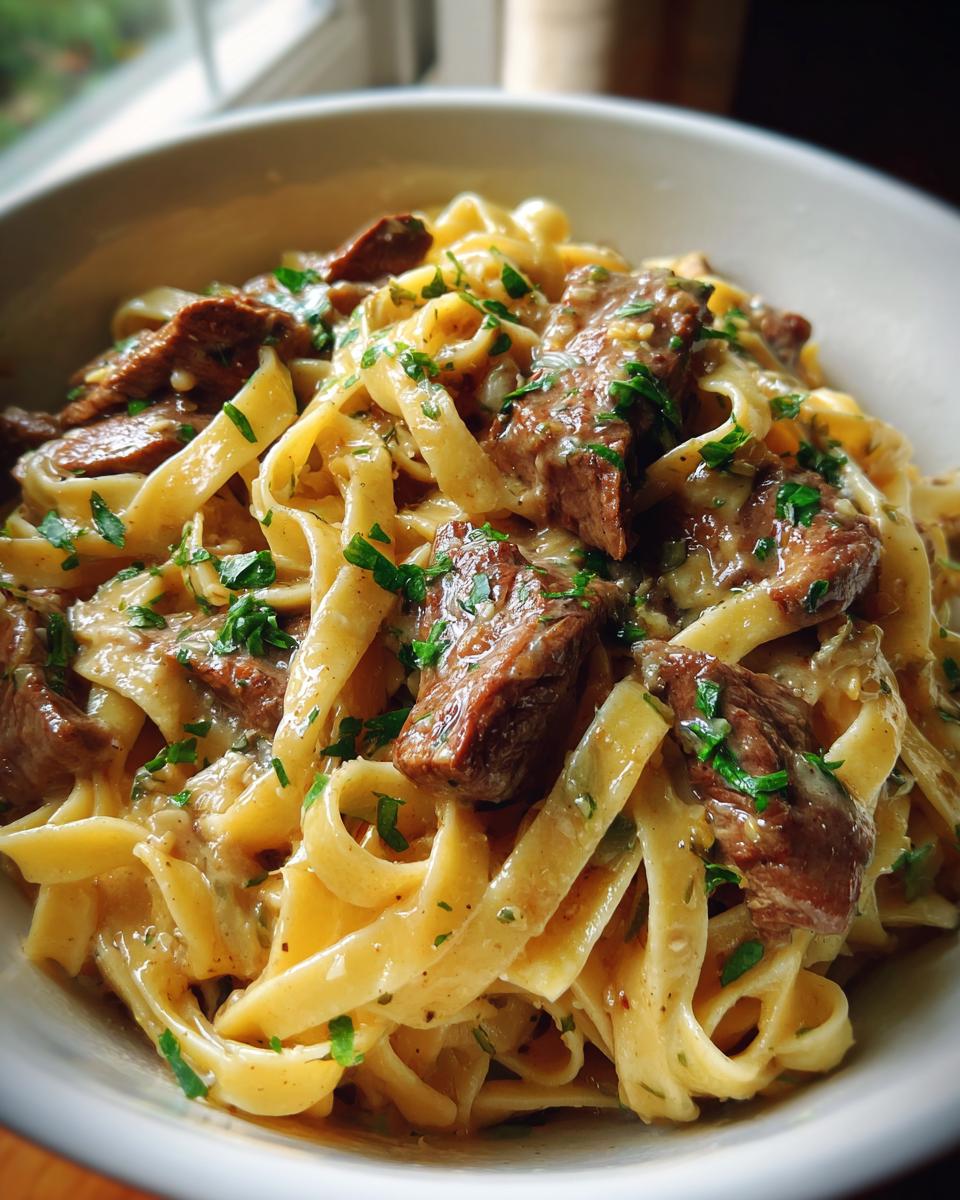 creamy beef and garlic butter pasta - detail 3