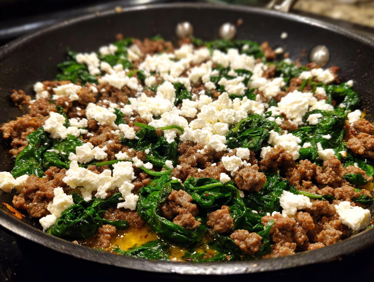Ground Beef And Spinach Skillet With Feta