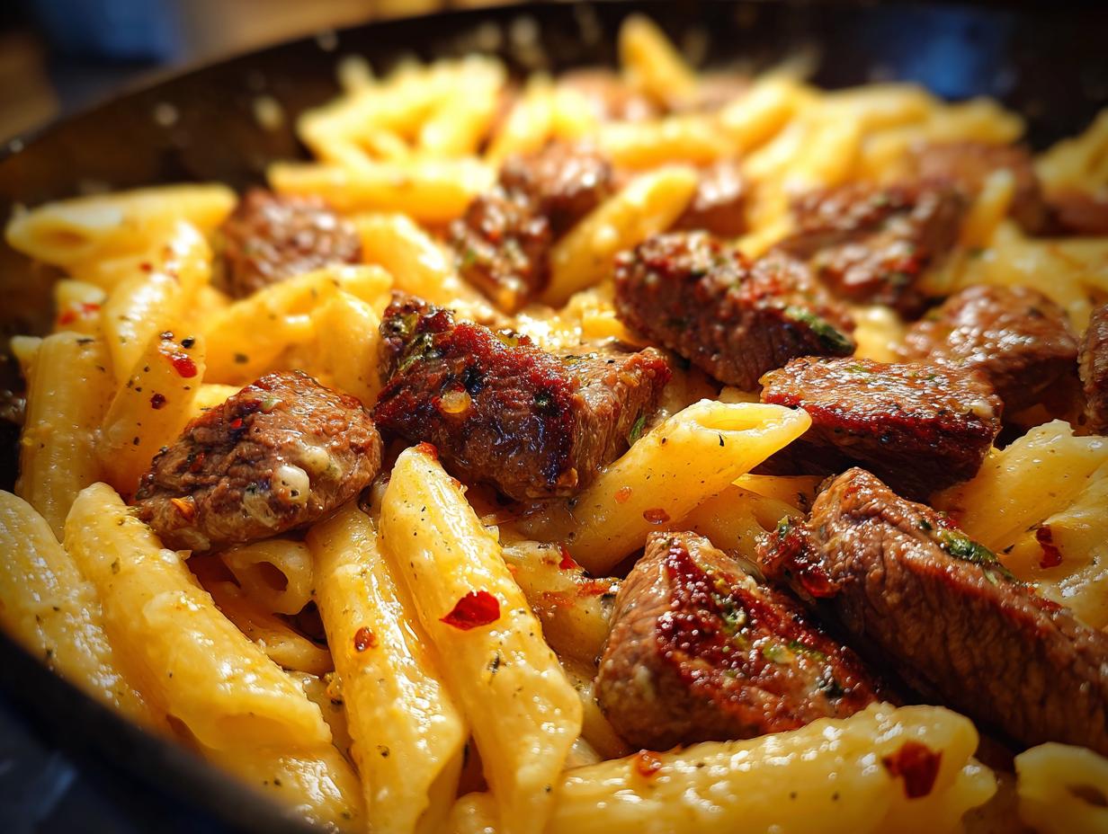 One-Pot Creamy Spicy Garlic Butter Steak & Pasta