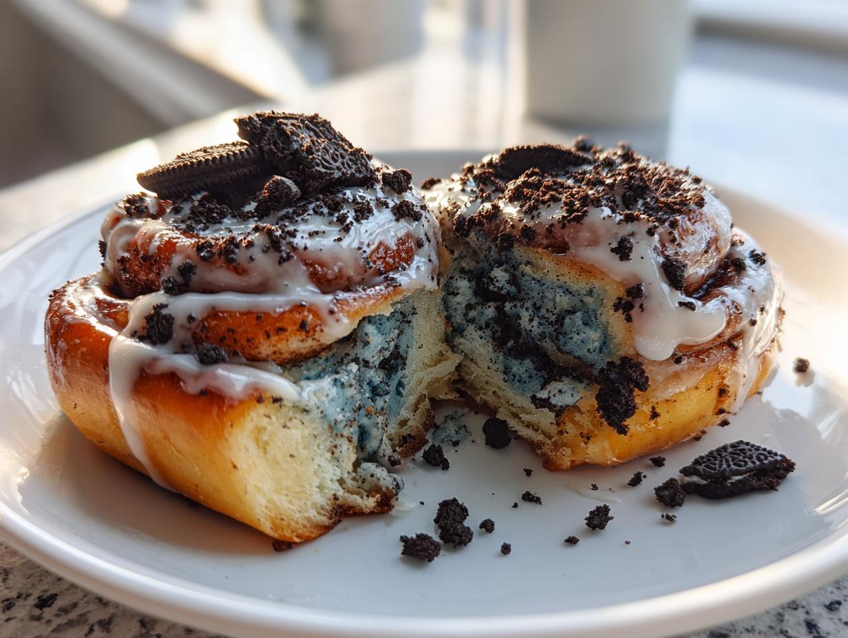 Blue Cookie Monster Cinnamon Rolls with Oreo Crumbles