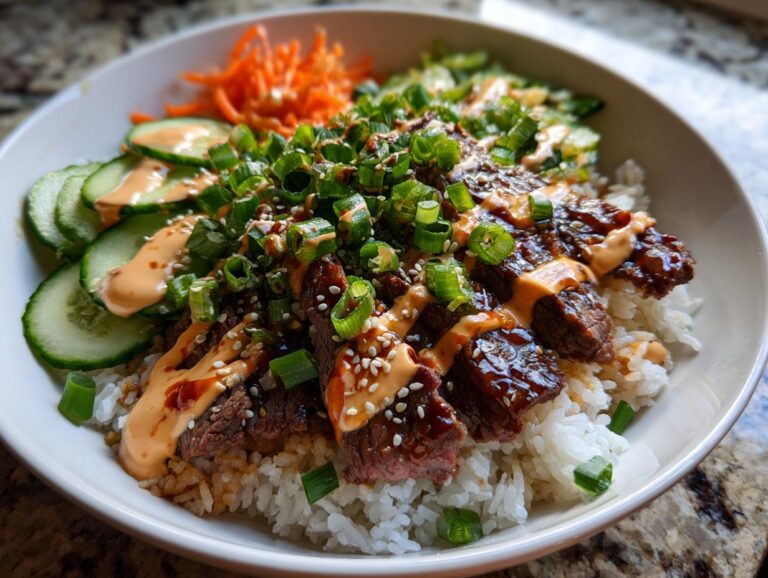 Korean BBQ Steak Rice Bowls with Spicy Cream Sauce