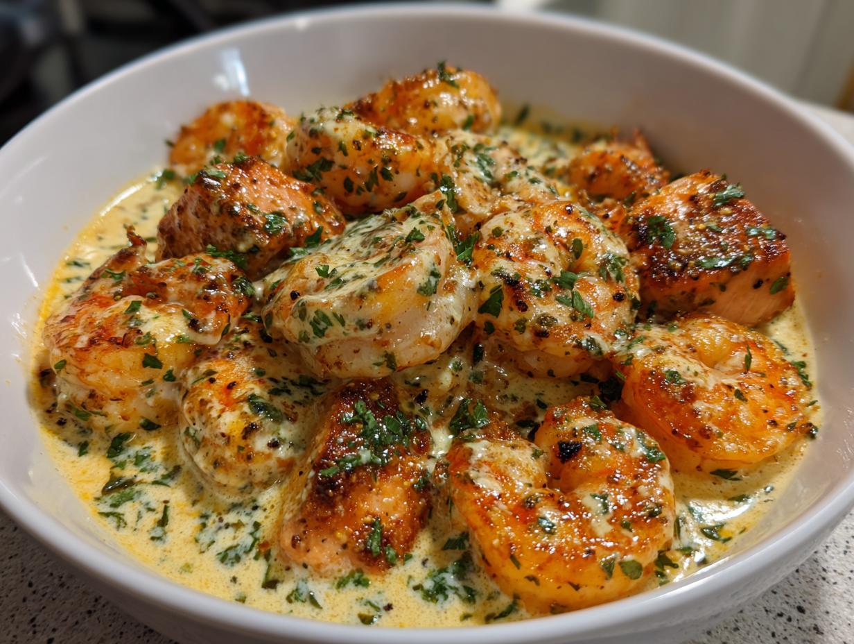 Cajun Shrimp and Salmon with Garlic Cream Sauce