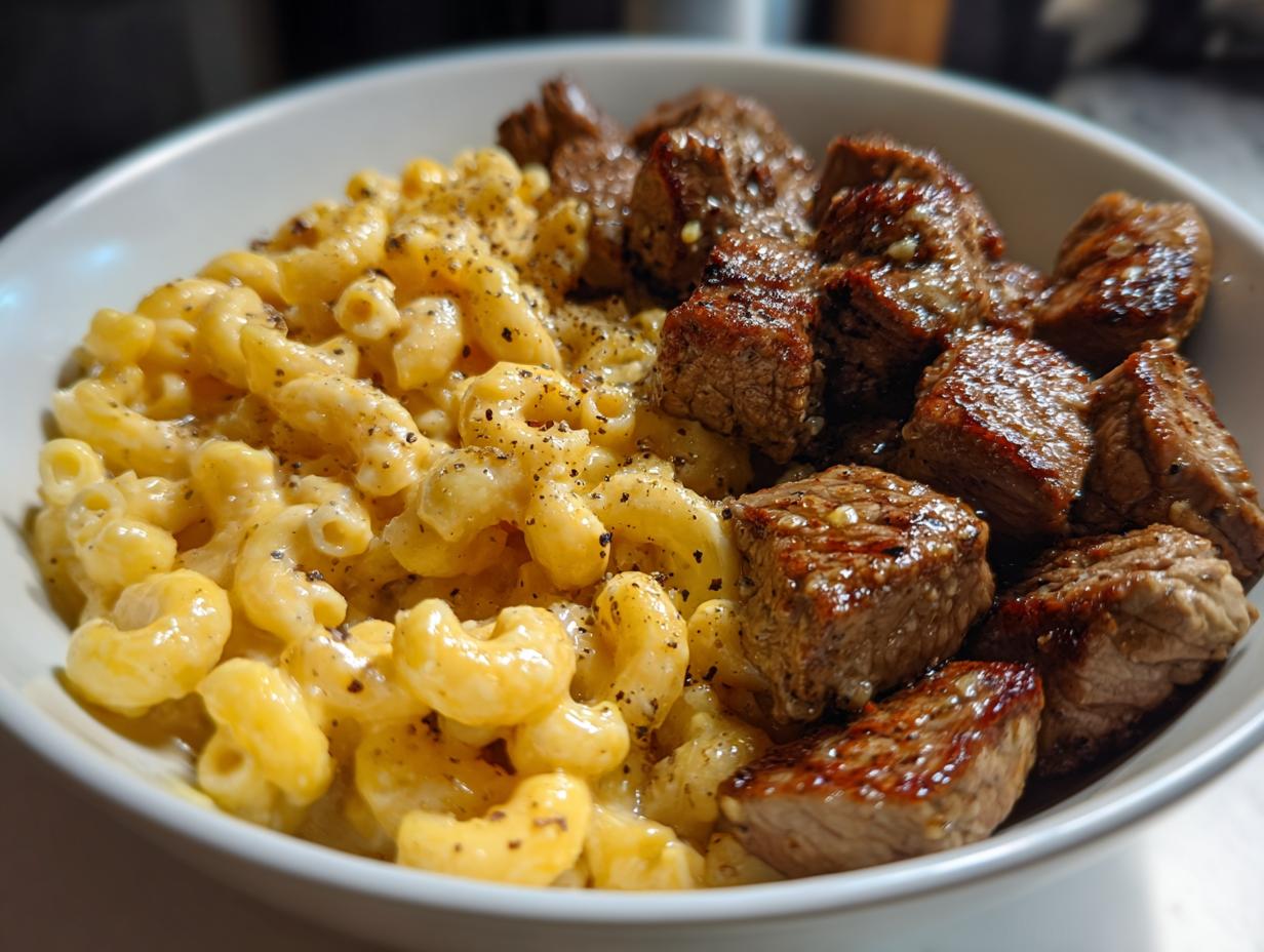 Garlic Steak Bites with Mac and Cheese