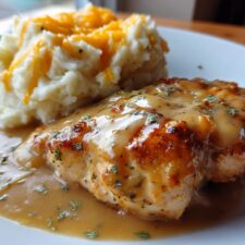 Chicken with Garlic Gravy and Cheesy Mashed Potatoes