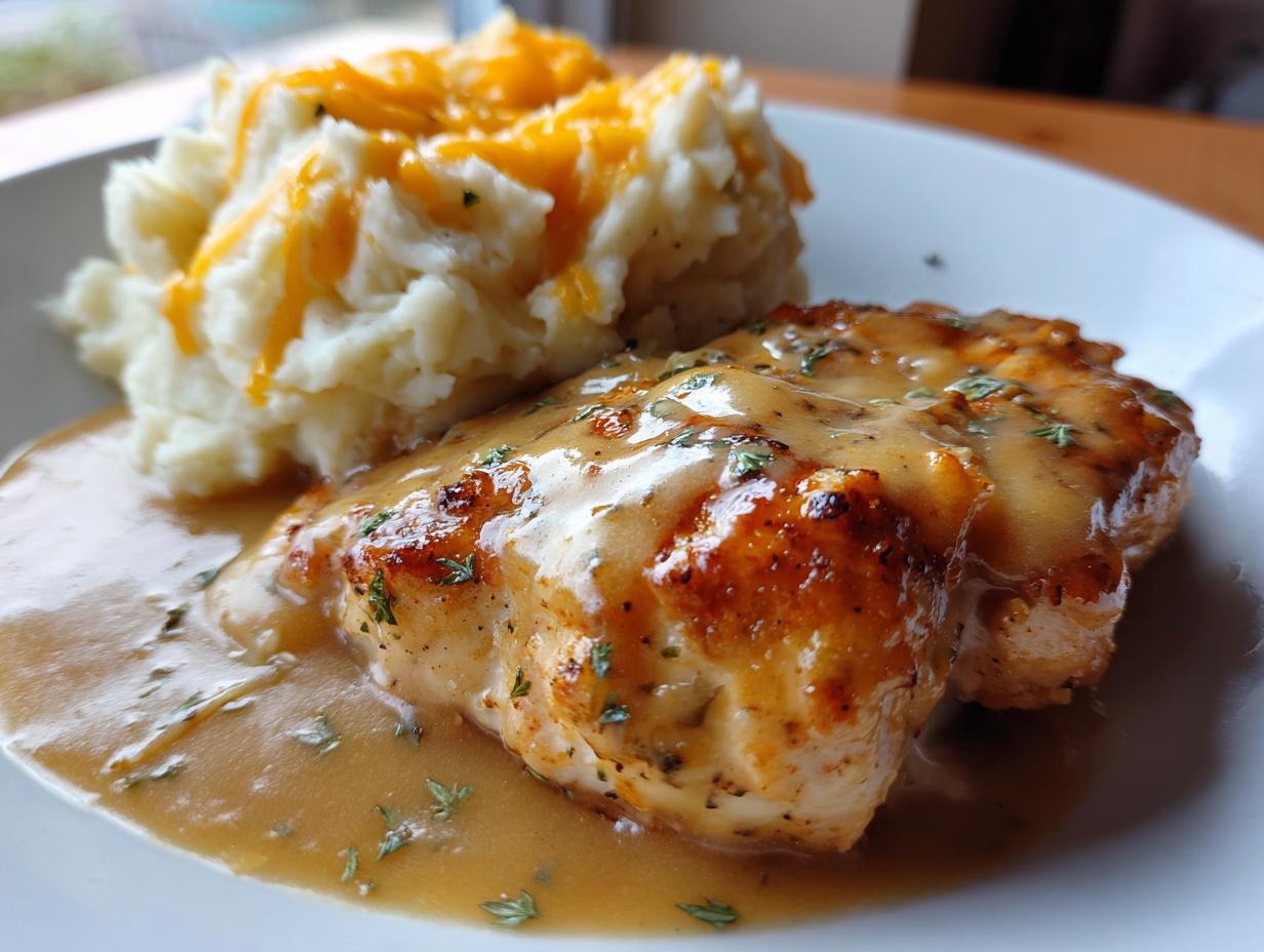 Chicken and Garlic Gravy with Cheesy Mashed Potatoes