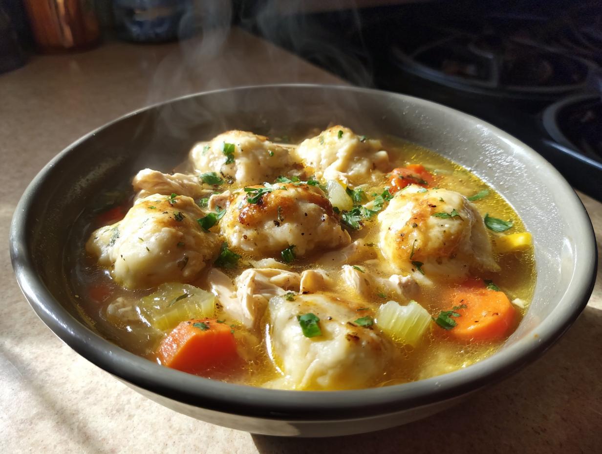 One Pot Chicken Dumpling Soup with refrigerated biscuit dough