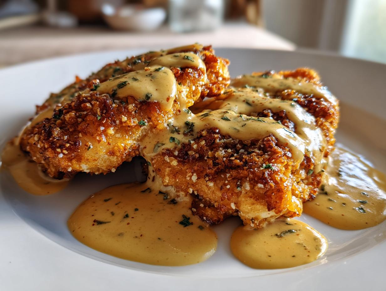 Pretzel Chicken with Mustard-Cheddar Sauce