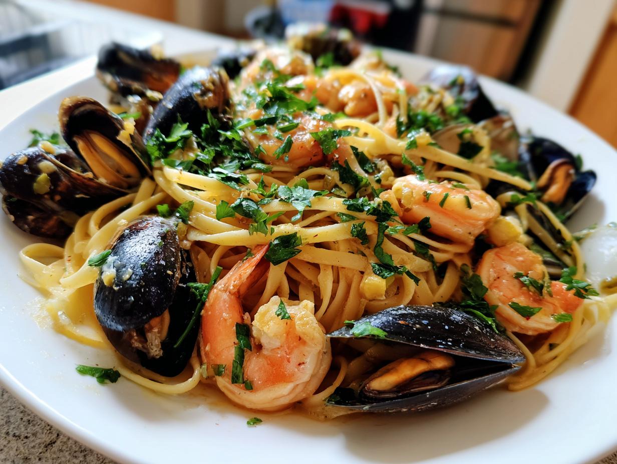 Seafood Pasta with Linguine, Shrimp, and Mussels