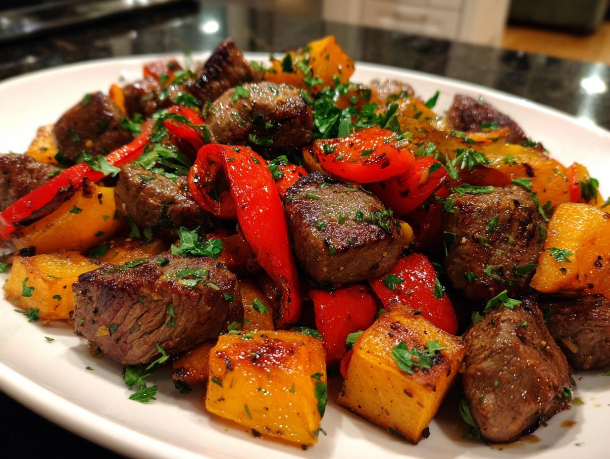 Steak Bites with Sweet Potatoes and Peppers